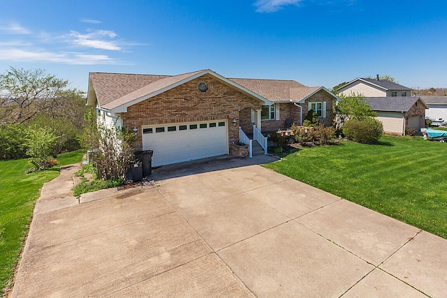 13471 Peach Grove Rd, California, KY 41007 - ranch-style home with a front yard, brick siding, an attached garage, a shingled roof, and concrete driveway