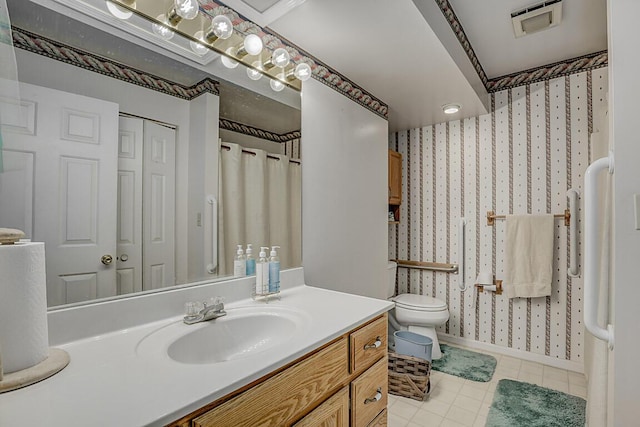 13471 Peach Grove Rd, California, KY 41007 - full bath with vanity, wallpapered walls, tile patterned flooring, toilet, and visible vents