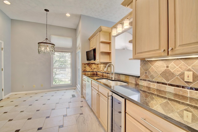 2141 Tantallon Dr, Fort Mitchell, KY 41017 - kitchen with a sink, light brown cabinets, open shelves, and beverage cooler