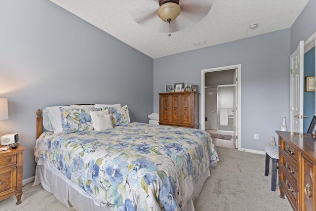 bedroom featuring a ceiling fan, baseboards, and light colored carpet