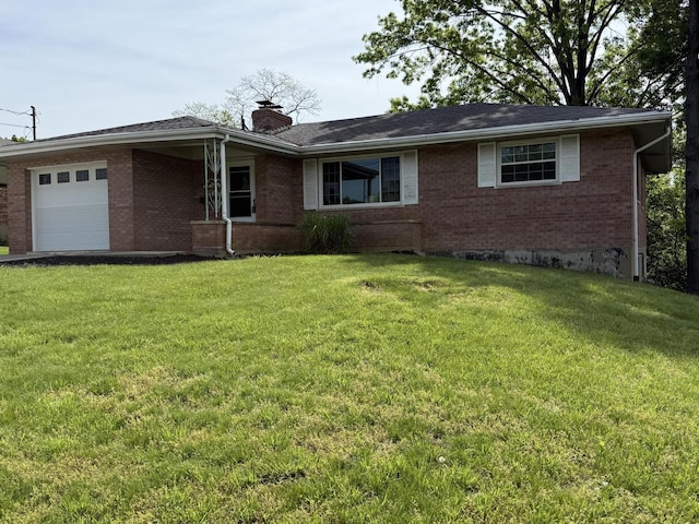 143 Capri Dr, Fort Thomas, KY 41075 - ranch-style house featuring a chimney, brick siding, an attached garage, and a front yard