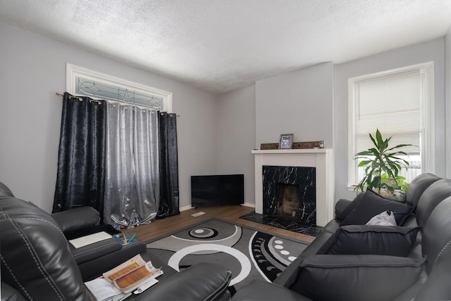 1706 Eastern Ave, Covington, KY 41014 - living room with wood finished floors, a high end fireplace, and a textured ceiling