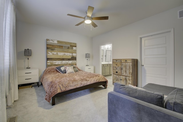 714 Streamside Dr Unit L, Alexandria, KY 41001 - bedroom with visible vents, light colored carpet, connected bathroom, and ceiling fan