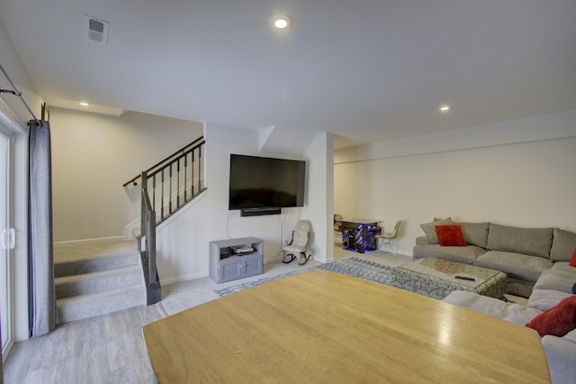 714 Streamside Dr Unit L, Alexandria, KY 41001 - living room featuring visible vents, baseboards, recessed lighting, wood finished floors, and stairs