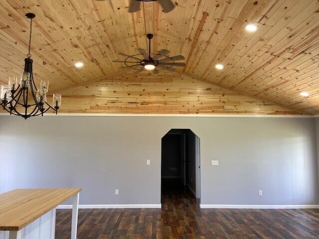 bonus room featuring vaulted ceiling, ceiling fan with notable chandelier, and wooden ceiling