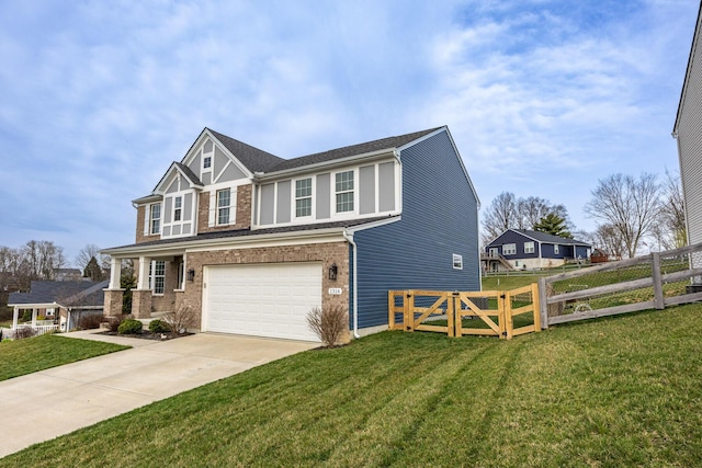 craftsman inspired home featuring a front yard, fence, brick siding, an attached garage, and driveway