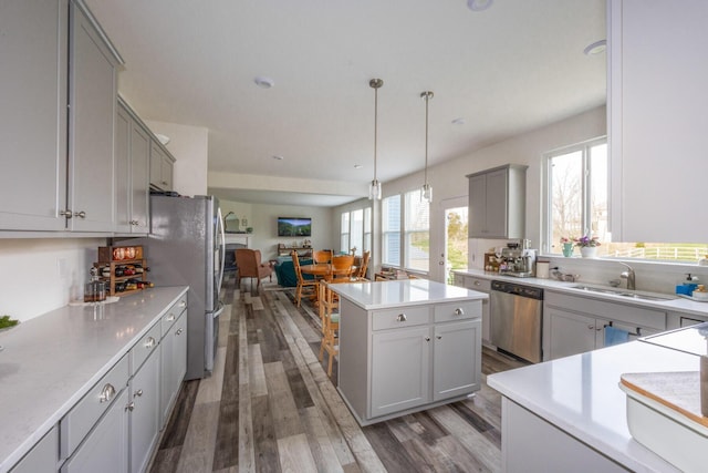 kitchen with a sink, gray cabinets, dishwasher, and dark wood finished floors