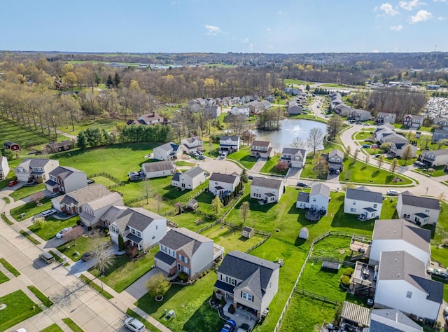 birds eye view of property with a water view and a residential view