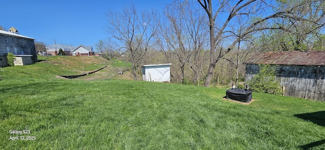 view of yard featuring an outbuilding and a storage shed