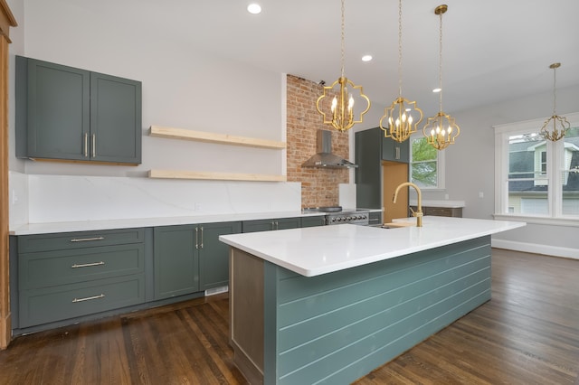 224 Wallace Ave, Covington, KY 41014 - kitchen with a chandelier, backsplash, wall chimney range hood, and dark wood-style floors