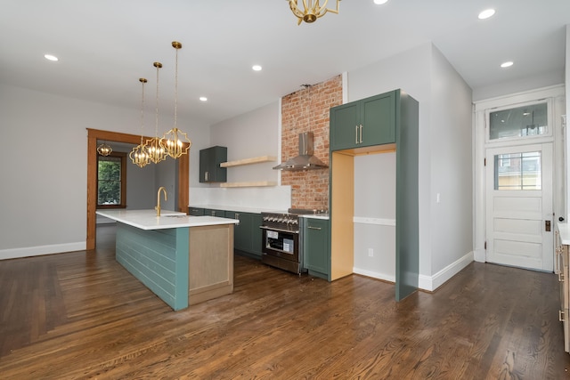 224 Wallace Ave, Covington, KY 41014 - kitchen with a chandelier, green cabinetry, high end stainless steel range oven, and wall chimney range hood