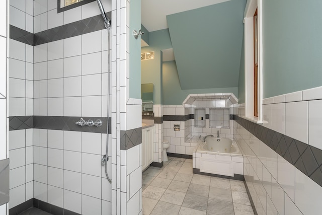 224 Wallace Ave, Covington, KY 41014 - bathroom featuring tiled shower, toilet, vanity, and tile walls