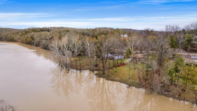 aerial view featuring a wooded view