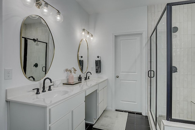 9956 Meadow Glen Dr, Independence, KY 41051 - bathroom with a sink, tile patterned floors, double vanity, and a stall shower
