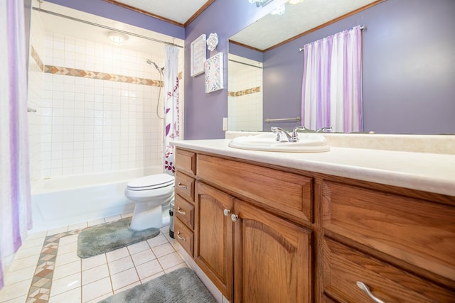 bathroom featuring shower / bath combo, vanity, toilet, tile patterned floors, and ornamental molding