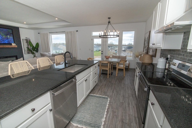 kitchen featuring wall chimney exhaust hood, decorative backsplash, stainless steel appliances, a sink, and wood finished floors