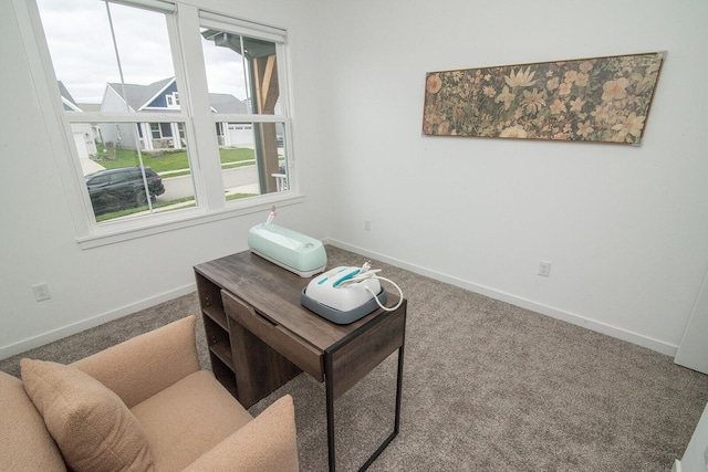 home office with carpet floors and baseboards
