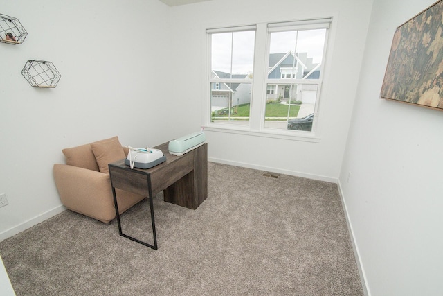 carpeted office space with visible vents and baseboards