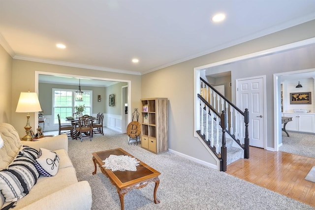 11506 Sutherland Dr, Walton, KY 41094 - living room featuring light colored carpet, crown molding, and stairs