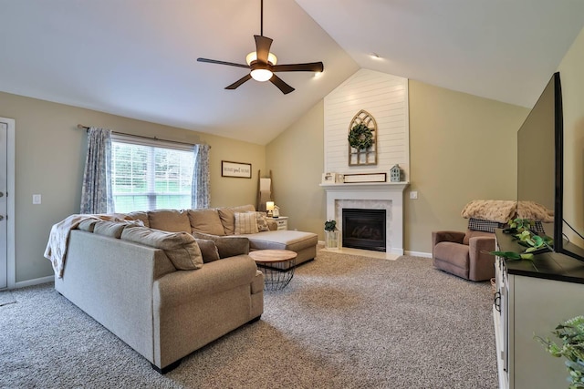 11506 Sutherland Dr, Walton, KY 41094 - carpeted living area with a ceiling fan, baseboards, a fireplace, and vaulted ceiling