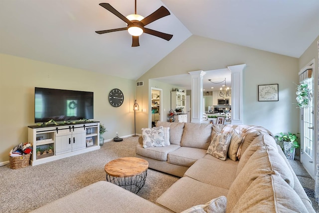 11506 Sutherland Dr, Walton, KY 41094 - living area with visible vents, carpet floors, decorative columns, high vaulted ceiling, and ceiling fan