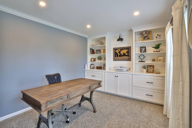11506 Sutherland Dr, Walton, KY 41094 - home office featuring recessed lighting, ornamental molding, light carpet, baseboards, and built in shelves