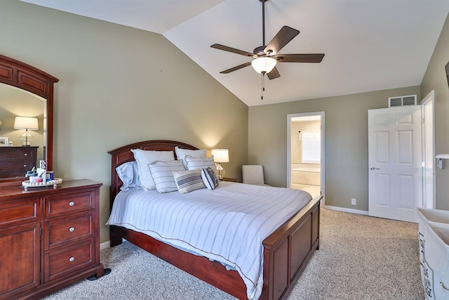 11506 Sutherland Dr, Walton, KY 41094 - bedroom with light carpet, ensuite bathroom, visible vents, baseboards, and lofted ceiling