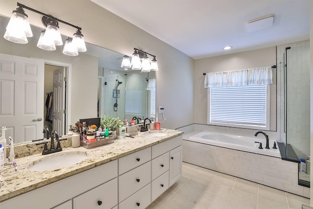 11506 Sutherland Dr, Walton, KY 41094 - full bathroom featuring a bath, a sink, tile patterned flooring, and a stall shower