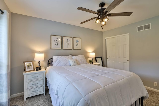 11506 Sutherland Dr, Walton, KY 41094 - bedroom with visible vents, carpet floors, a closet, baseboards, and ceiling fan