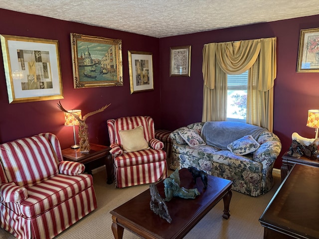 carpeted living room featuring a textured ceiling