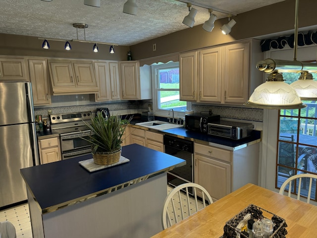 kitchen featuring a sink, decorative backsplash, black appliances, and rail lighting