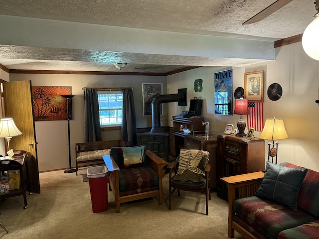 living area with a wood stove, light colored carpet, and a textured ceiling