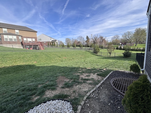 view of yard featuring a wooden deck and a fenced backyard
