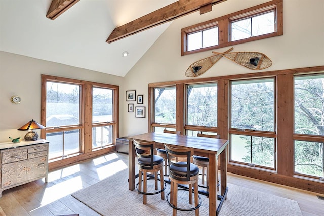 445 Elk Lake Resort Rd Unit 947-948, Owenton, KY 40359 - dining space featuring high vaulted ceiling, beamed ceiling, healthy amount of natural light, and light wood-style flooring