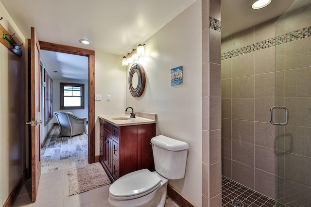 445 Elk Lake Resort Rd Unit 947-948, Owenton, KY 40359 - bathroom featuring vanity, a tile shower, tile patterned floors, and recessed lighting