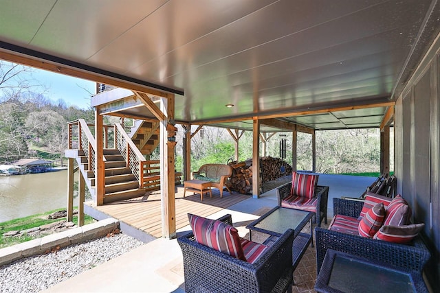 445 Elk Lake Resort Rd Unit 947-948, Owenton, KY 40359 - view of patio / terrace featuring outdoor lounge area, stairs, and a deck with water view