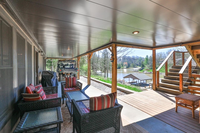 445 Elk Lake Resort Rd Unit 947-948, Owenton, KY 40359 - deck featuring a water view, stairway, and outdoor lounge area