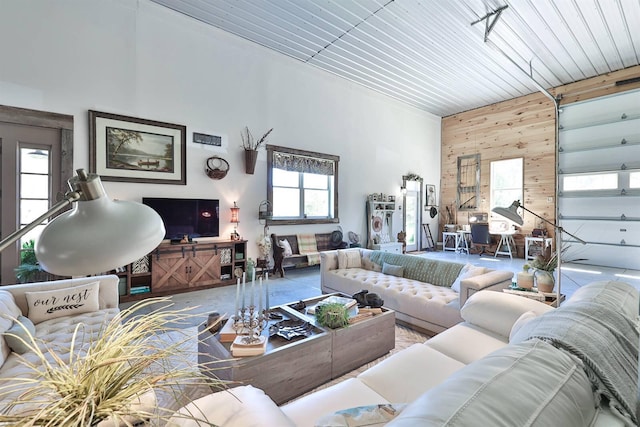 living room with wooden walls