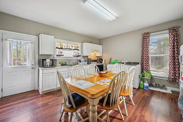 dining area featuring washer and dryer and dark wood-style flooring