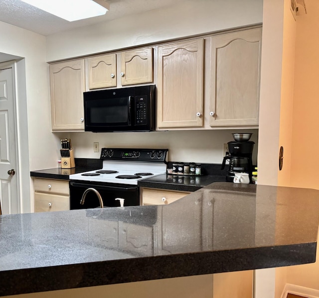 207 S Watchtower Dr Unit 203, Wilder, KY 41076 - kitchen with black microwave, electric range, dark stone countertops, light brown cabinets, and a skylight