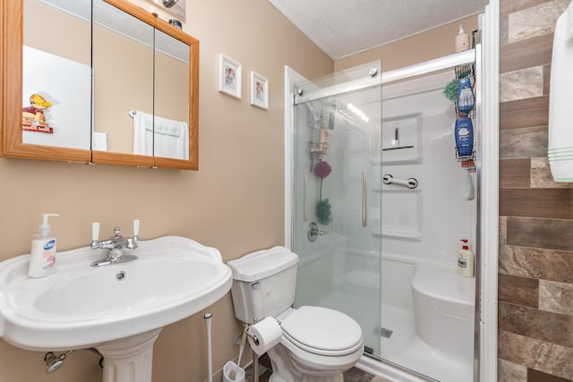 full bath with a shower stall, toilet, and a sink