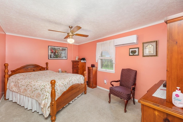 bedroom featuring crown molding, light colored carpet, and a wall mounted air conditioner