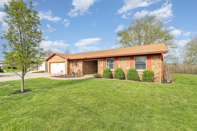 single story home featuring a garage, driveway, a front lawn, and brick siding