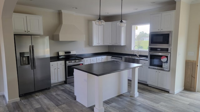3879 US Highway 27 N, Cynthiana, KY 41031 - kitchen with light wood-style flooring, a sink, dark countertops, appliances with stainless steel finishes, and premium range hood