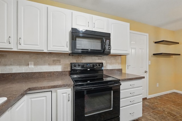 kitchen with white cabinetry, dark countertops, and black appliances