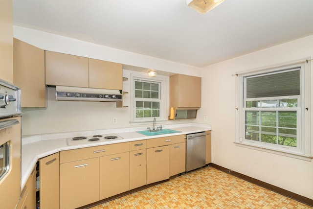kitchen with a sink, plenty of natural light, white electric stovetop, and dishwasher