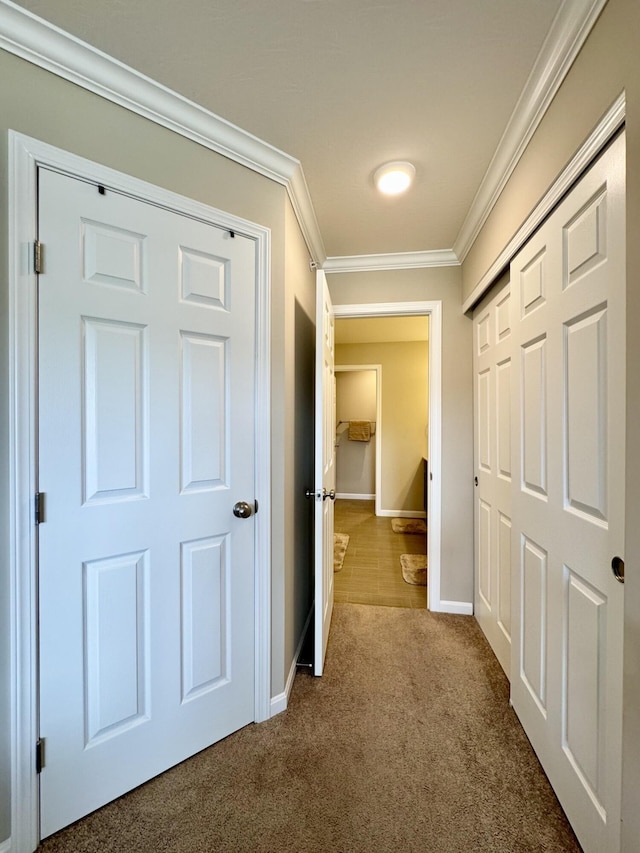 hall with baseboards, ornamental molding, and carpet flooring