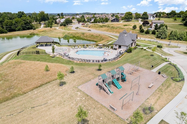 drone / aerial view with a water view