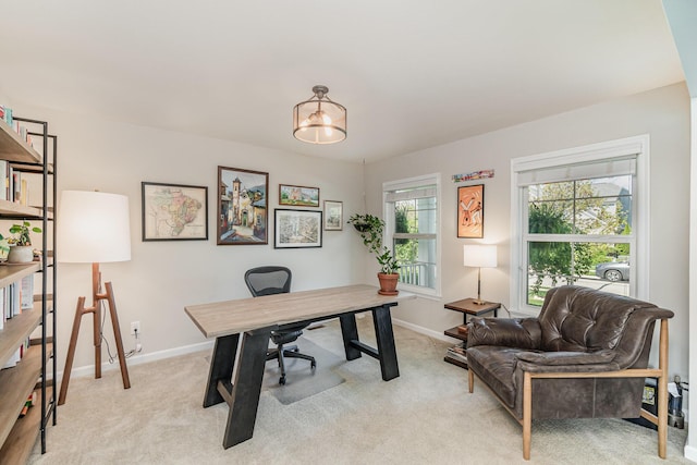 home office with light colored carpet and baseboards