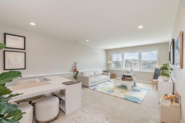 living room with recessed lighting and carpet flooring